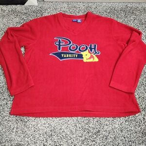 Vtg 90 Disney Winnie the Pooh Bear Varsity Red V-neck Fleece Sweatshirt Women XL